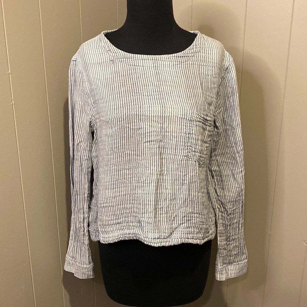 cloth & stone medium tunic stripe Distressed. Plaid lining Back half button down - Picture 1 of 9